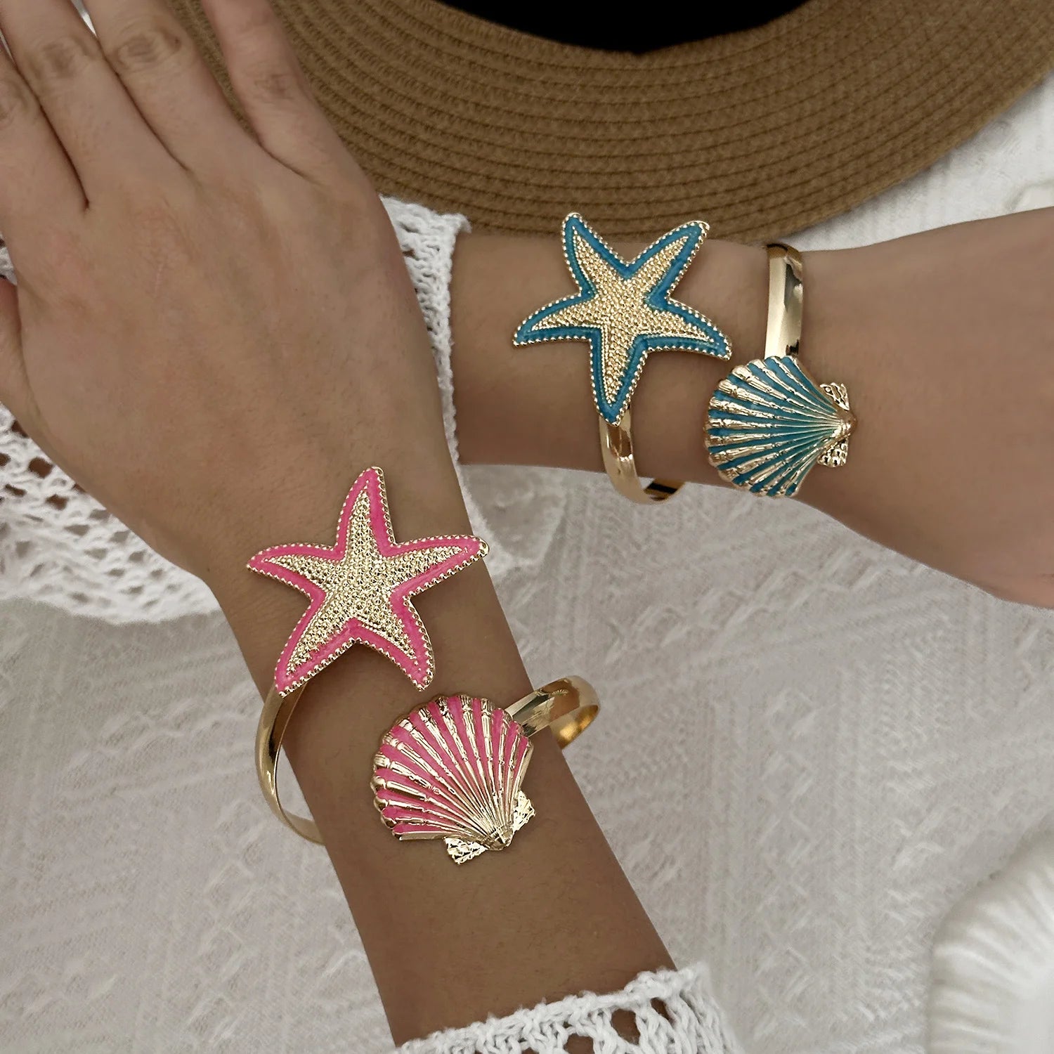 Boho Summer Starfish Shell Open Bangle for Women Gold Color Metal Blue Enamel Marine Bracelet Fashion Beach Vacation Jewelry