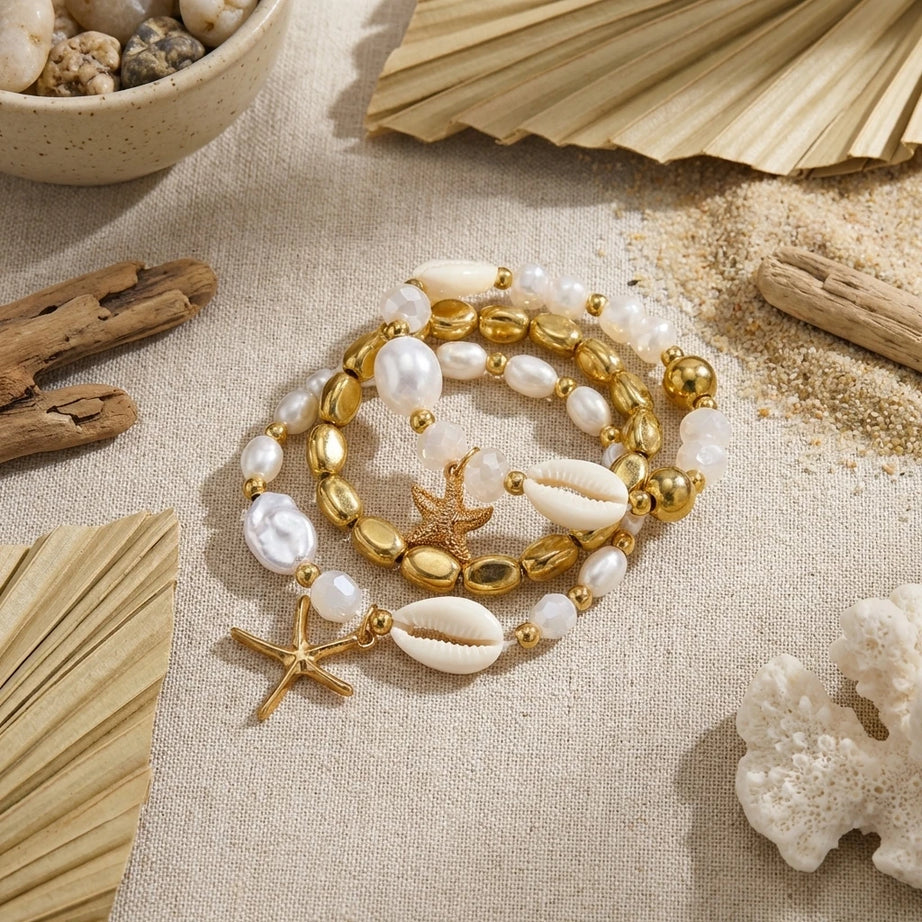 Dainty Shell and Starfish Stacked Elastic Bracelet Set