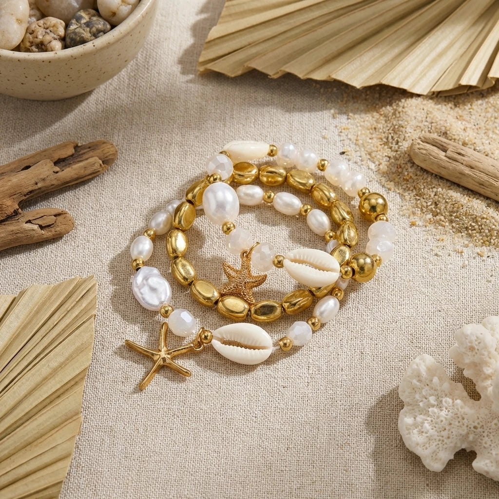 Boho Shell Imitation Pearl Elastic Bracelet Set for Women Dainty Starfish Stacked Beaded Bracelets Summer Beach Jewelry Gift