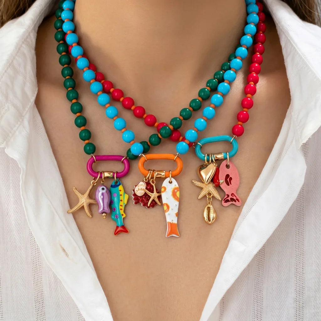 Summer Fish Starfish Shell Pendant Necklace for Women Trendy Colorful Beaded Handmade Necklaces Boho Statement Jewelry