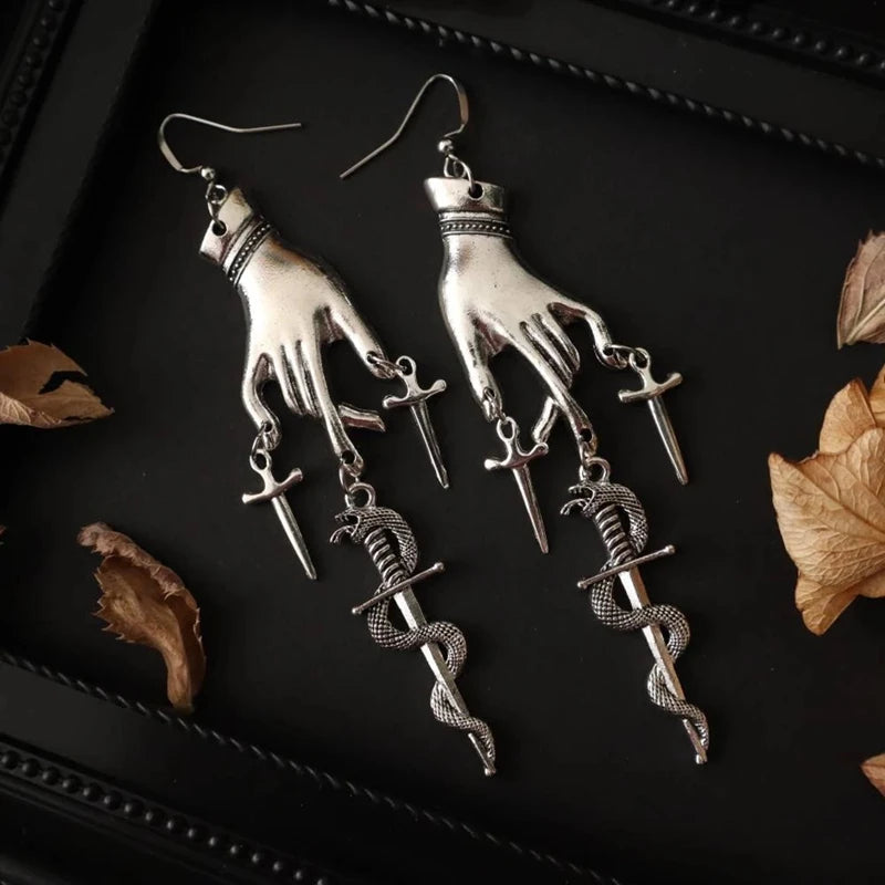 Gothic Hand Sword Snake Dangle Earrings, Snake Sword Dangle Earrings, Gothic, Vikings, Witchy, Medieval, Viking, Boho