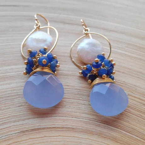 Constance gemstone cluster chandelier earrings blue white lapis lazuli coin pearl chalcedony gold fill gift for her June - Charlie Dolly