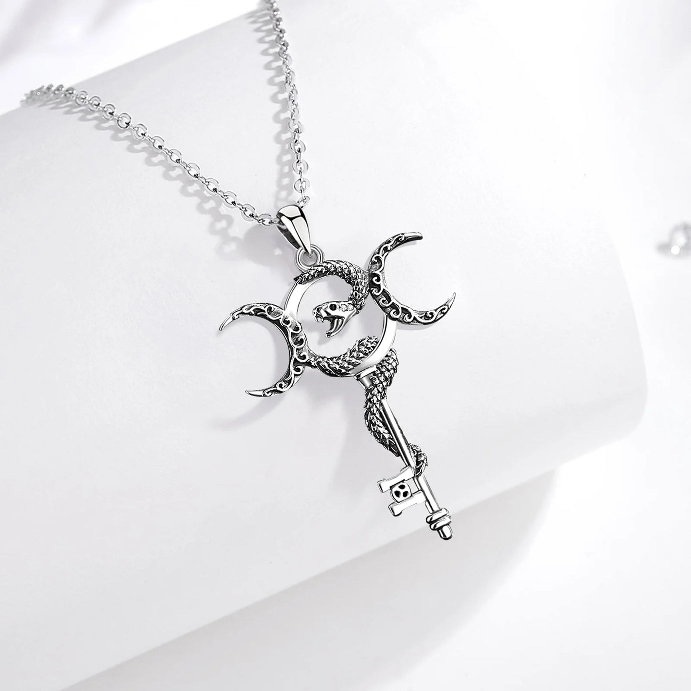 S925 Sterling Silver Hecate Triple Moon Goddess Pendant Necklace, Snake & Key Pagan Wicca Amulet