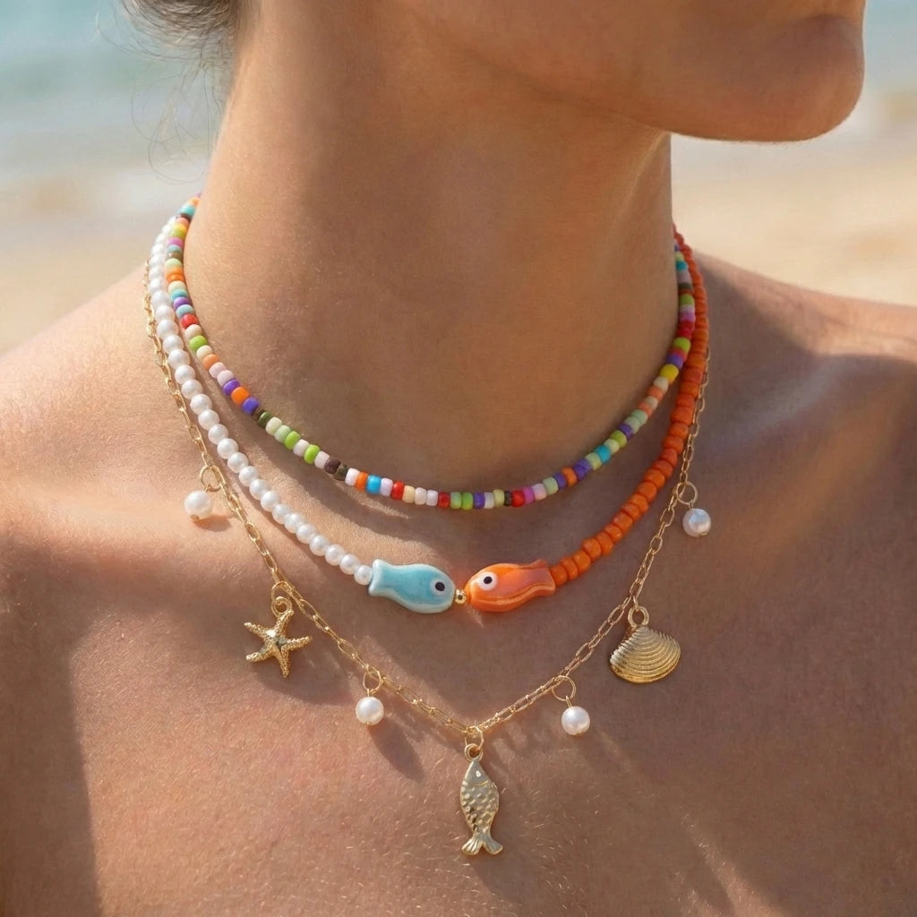Boho Shell Starfish Seahorse Polymer Clay Necklace Set 3Pcs Summer Beach Choker For Women Vacation Jewelry