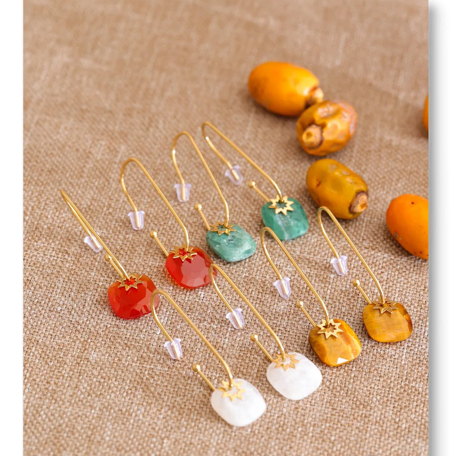 Natural Stone Square Drop Earrings, Tiger Eye Agate 14K Gold Waterproof Stainless Steel Jewelry