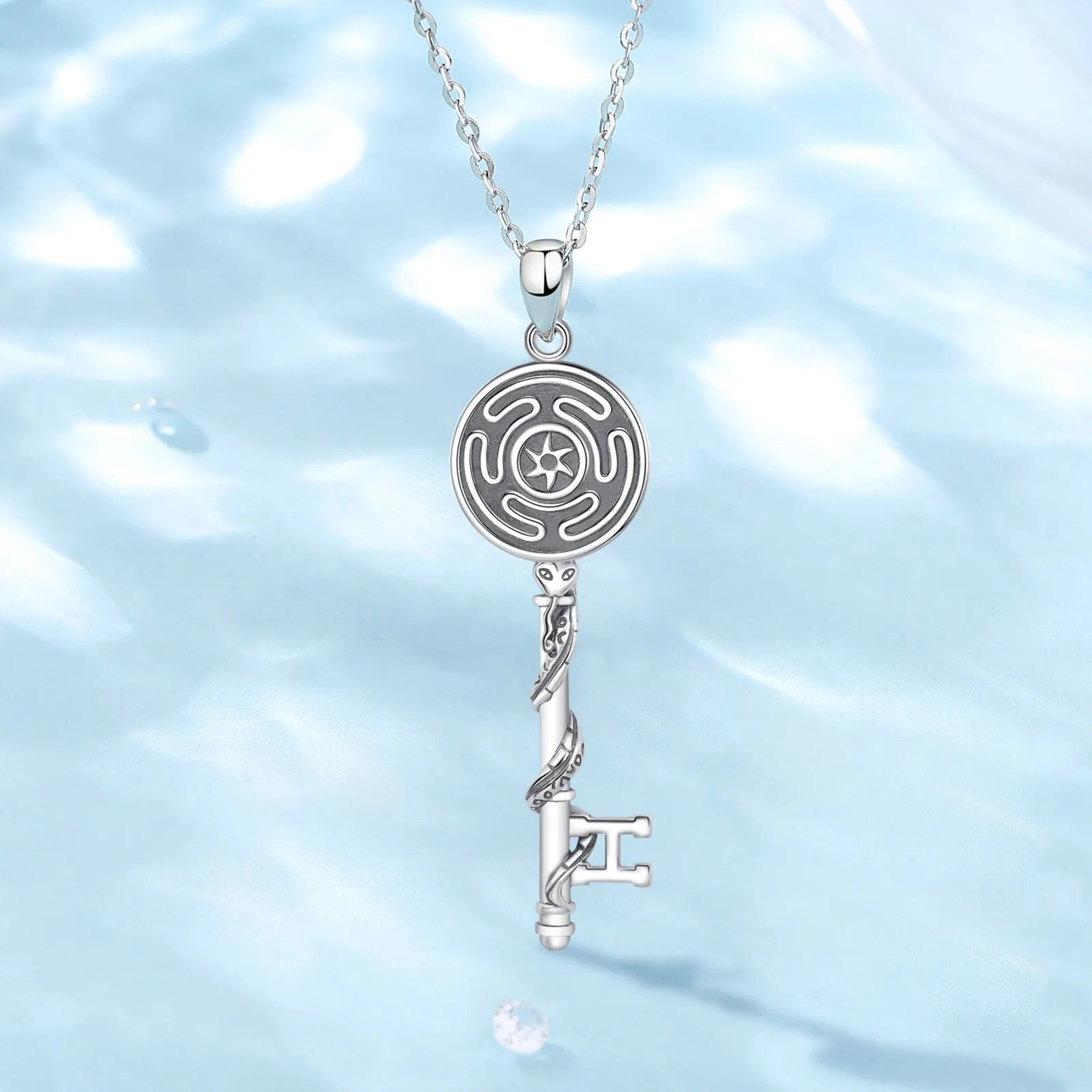 Eudora 925 Sterling Silver Hecate Wheel Necklace Triple Goddess Pendant Snake Key Amulet Witch Pagan Jewelry Gift for Women Men