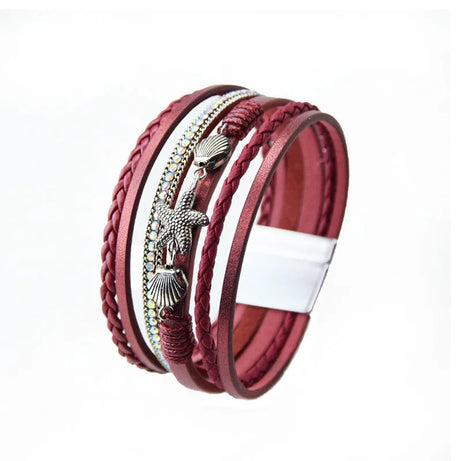 Starfish Shell Braided Leather Cuff Bracelet