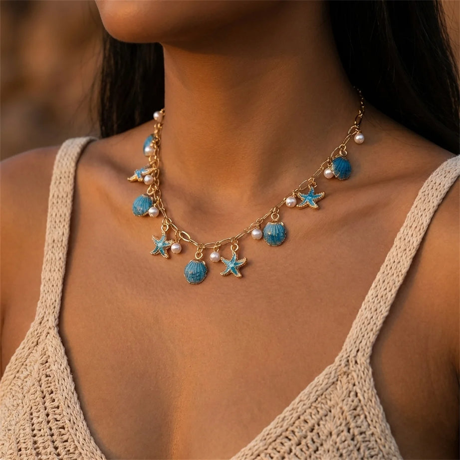 Starfish Shell Pearl Tassel Choker Necklace Jewelry