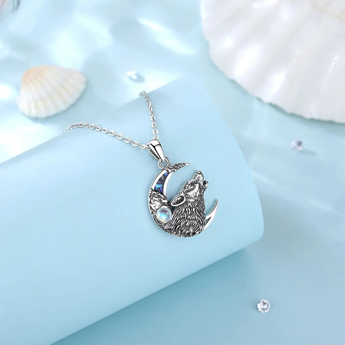 Eudora 925 Sterling Silver Wolf on the Moon Necklace Moonstone Wolf Pendant Animal Series Jewelry for Warriors Men'women Gift