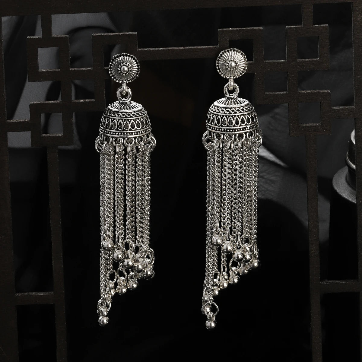 Ethnic Silver Color Long Metal Chain Tassel Earrings Female Retro Round Bell Dangle Earrings Boho Geometric Piercing Ear Jewelry