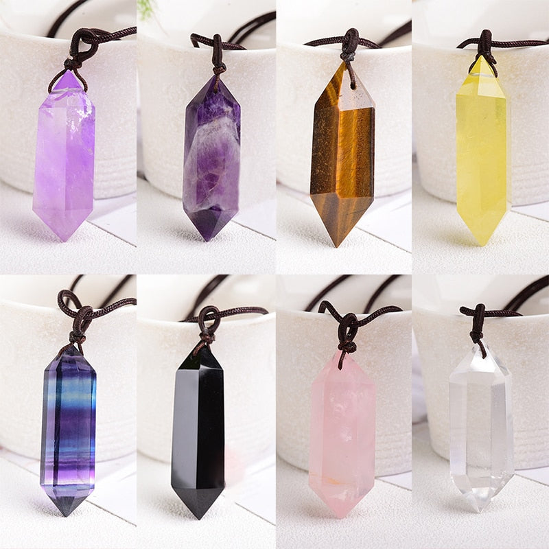 1PCS Natural Crystal Quartz Double Point Pendant Crystal Column Men and Women Pendant Aura Energy Healing Stone Necklace Gift - Charlie Dolly