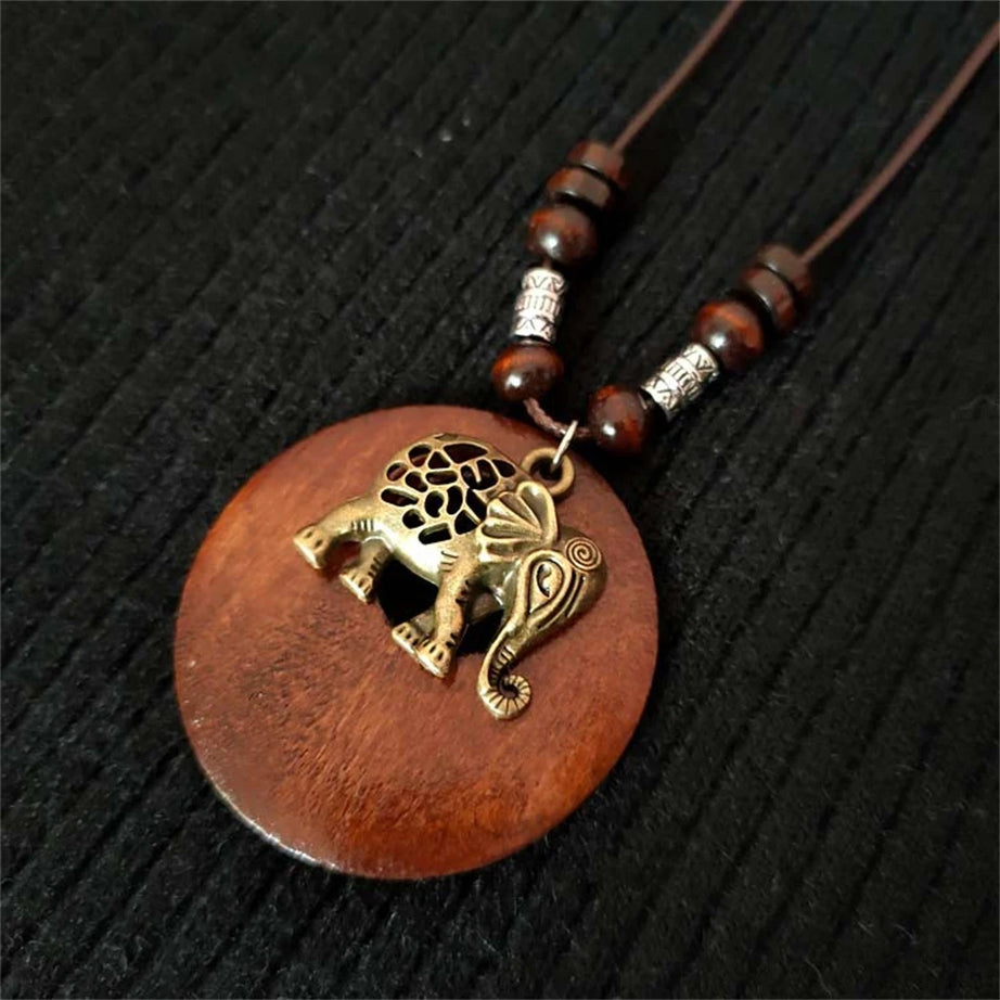 Wood Owl Leaf Pendant Wax Rope Necklace Jewelry