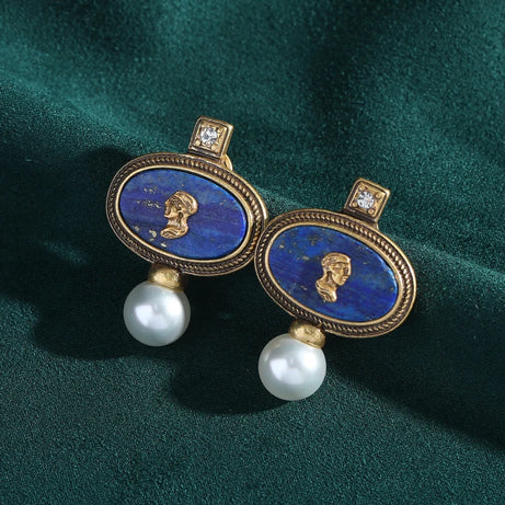 Vintage Lapis Lazuli Head Oval Stud Earring For Woman Accessories Pearl Gold Color Luxury Jewelry Designers Brand Thanksgiving - Charlie Dolly