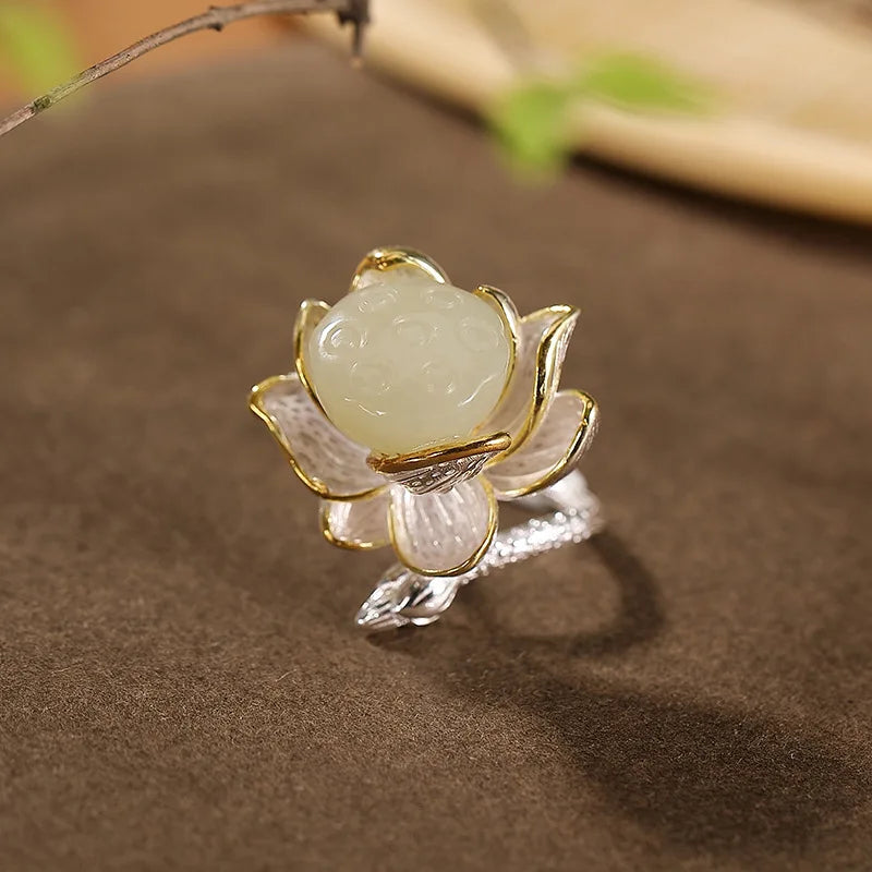 Classic Lotus Flower Jewelry Sets Natural Hotan Jade Various Exquisite Ring Earrings for Women Pendant Hairpin Brooch Bracelets