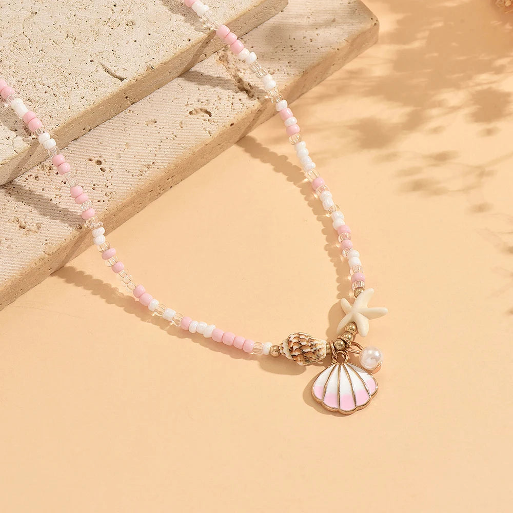 Pink White Beaded Choker Necklace Shell Starfish Faux Pearl Pendant Boho Summer Beach Vacation Daily Jewelry