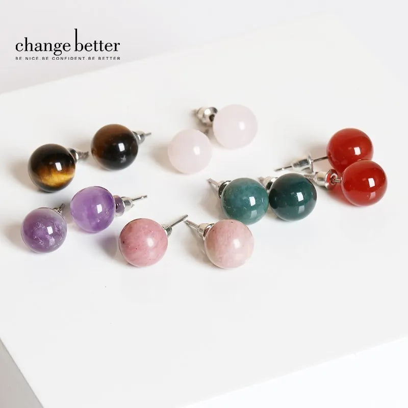 Natural Stone Agate Quartz Lapis Lazuli Tiger Eye Round Bead Stud Earrings Women Fashion Simple Stainless Steel Crystal Ear Stud