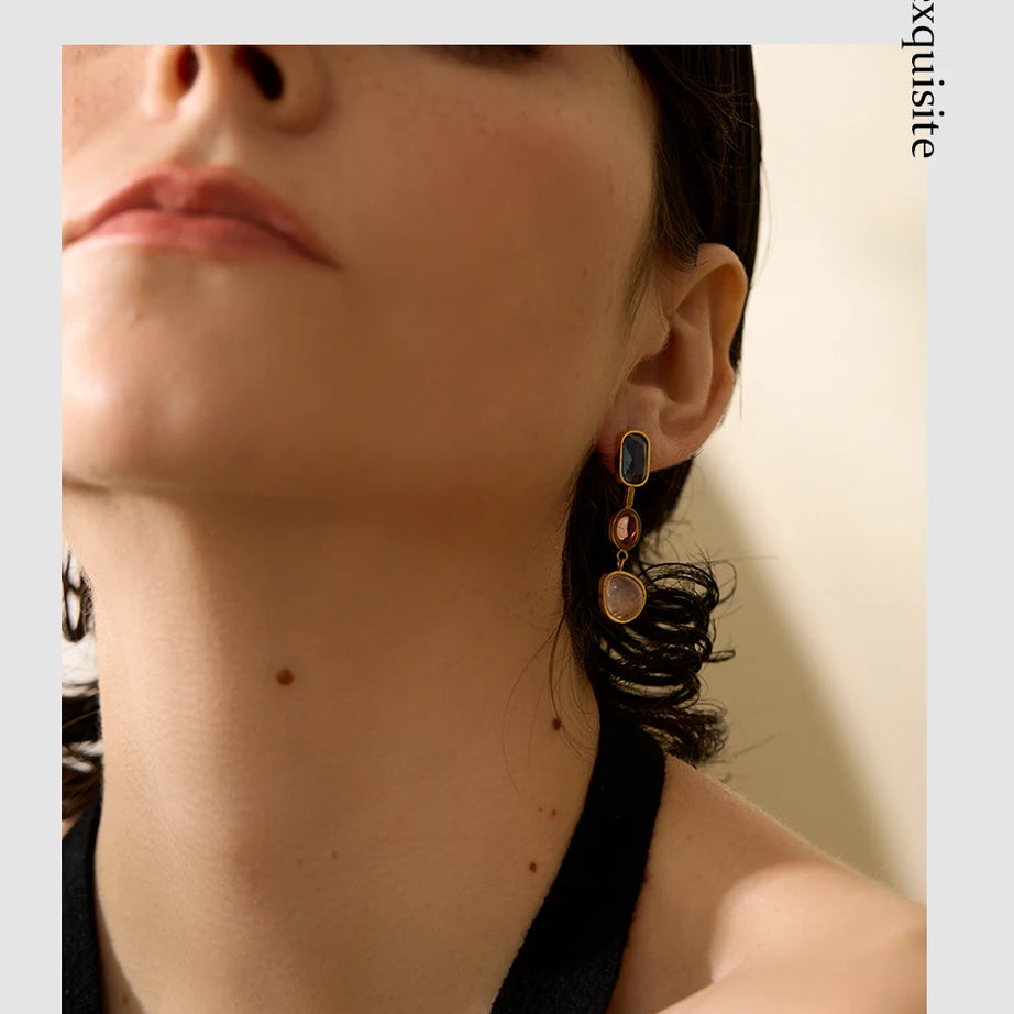 Natural Stone Geometric Gold Drop Earrings Jewelry