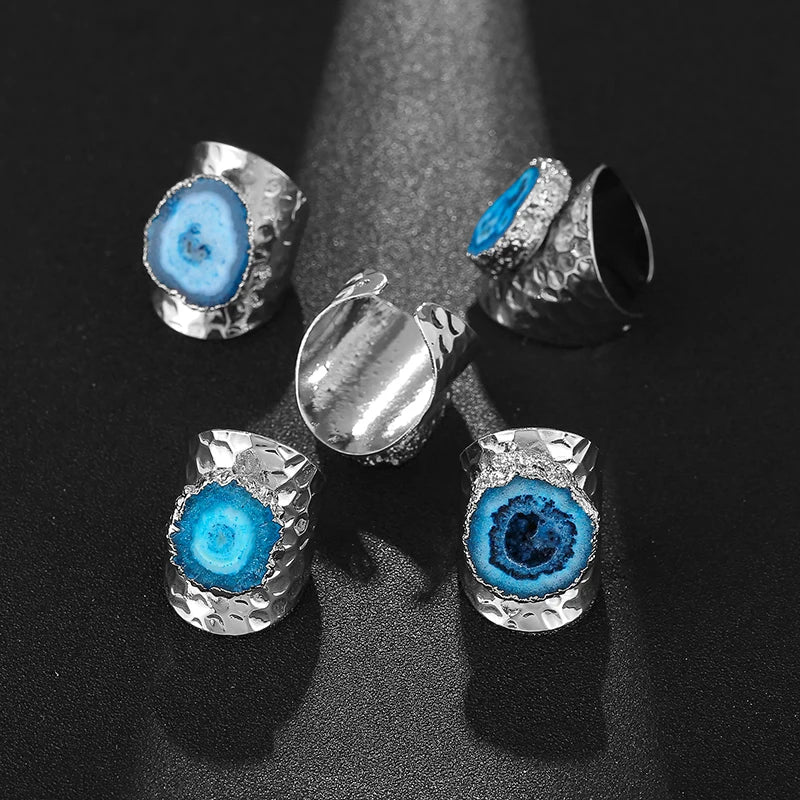 Boho Irregular Natural Stone Sunflower Agate Slices Ring Wide Open Ring for Women Silver Plated Resizable Finger Jewelry