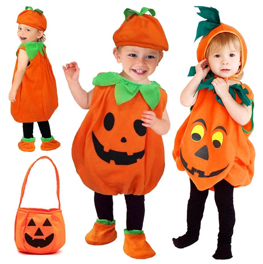 Kids Halloween Pumpkin Cosplay Costume for Toddler Boys Girls Stage Role Play Costumes Fancy Dress Tops+Hat Party Clothing Set