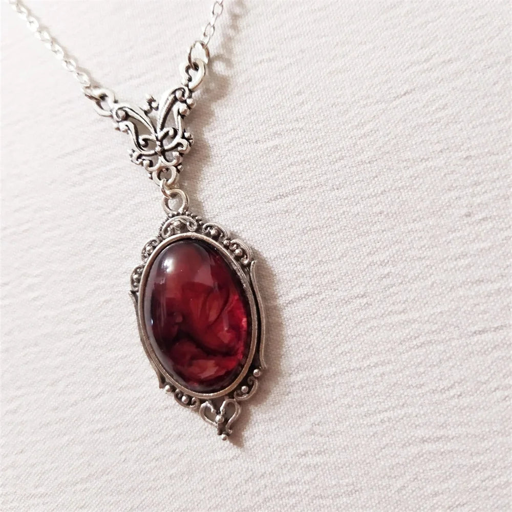 Gothic Blood Red Quartz Charm Necklace Oval Pendant Necklace For Women Halloween Vampire Embossed Witch Jewelry Vintage Chokers - Charlie Dolly