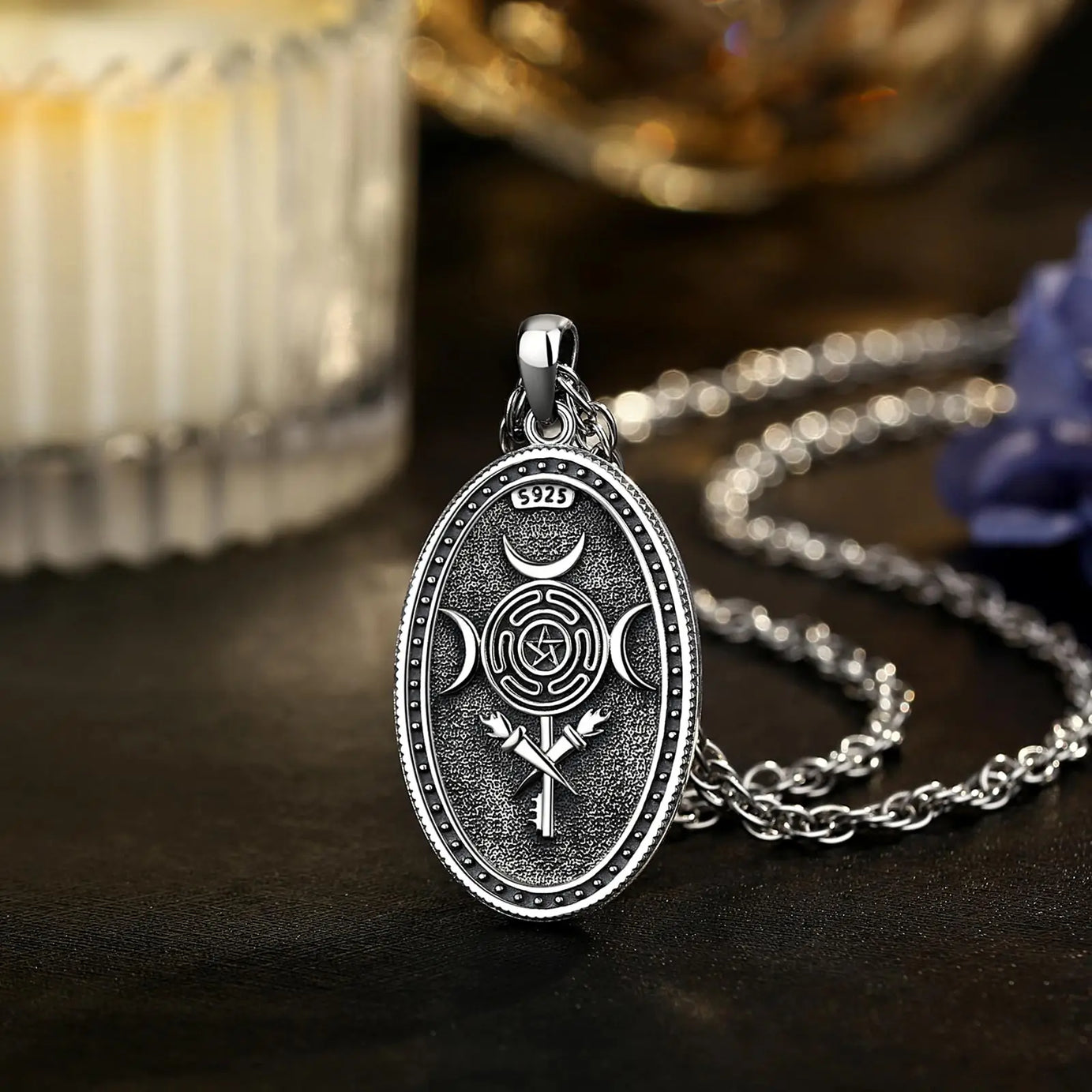 Triple Moon Goddess Hecate Wheel Necklace, S925 Sterling Silver