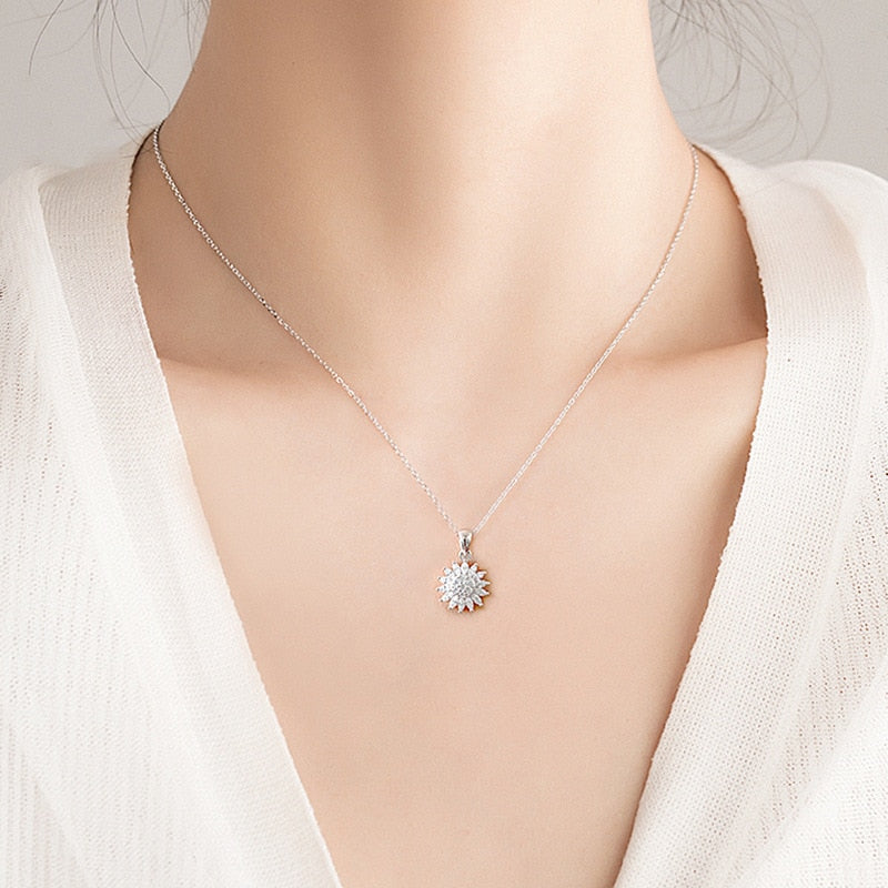 Stainless Steel Rotating Sunflower Pendant Necklace for Women Jewelry Luxury Fashion Zirconia Choker Necklaces - Charlie Dolly