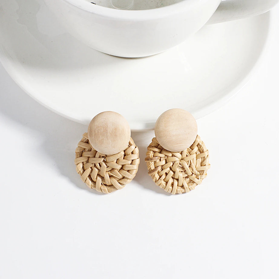 Wooden Rattan Braid Geometric Drop Earrings Jewelry