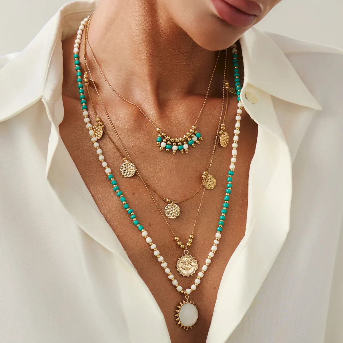 Round Coin Tassel Beaded Choker Necklace Jewelry