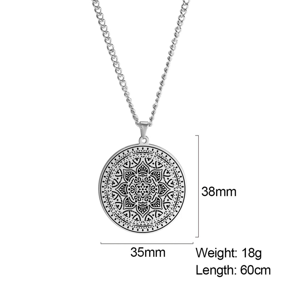 Lotus Chakra Mandala Pendant Necklace, Stainless Steel Buddhist Hindu Meditation Amulet