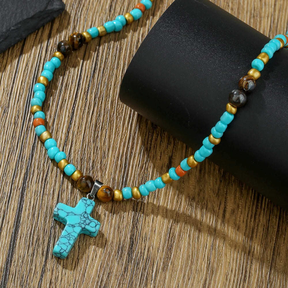 Turquoise Tiger Eye Cross Pendant Necklace Jewelry