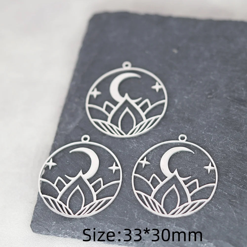 3pcs Exquiaite Amulet Moon Lotus Flower Charms DIY Craft Earrings Necklace Jewelry Making Yogo Buddhism Stainless Steel Pendant