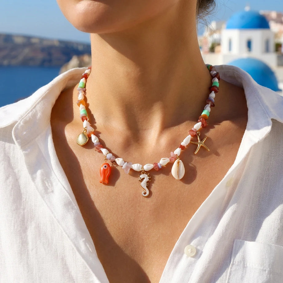 Starfish Shell Pearl Tassel Choker Necklace Jewelry