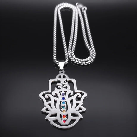Seven Chakra Om Lotus Flower Pendant Necklace, Stainless Steel Yoga Healing Amulet