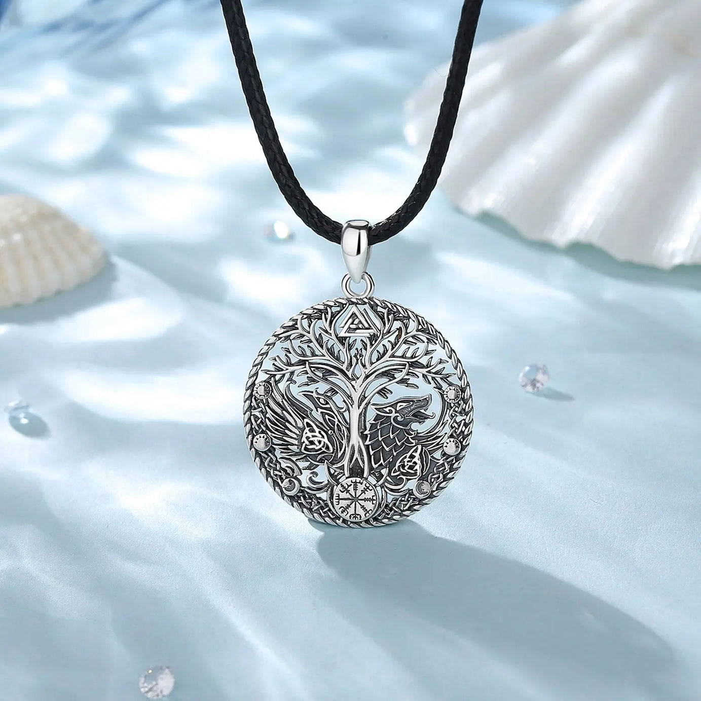 S925 Sterling Silver Viking Raven Wolf Pendant Necklace, Celtic Knot Tree of Life Compass Amulet