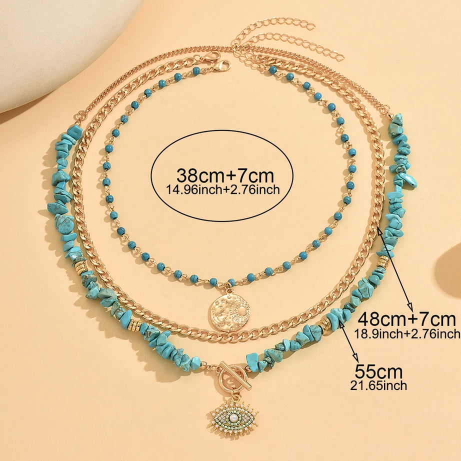 Turquoise Chip Evil Eye Moon Layered Set Jewelry