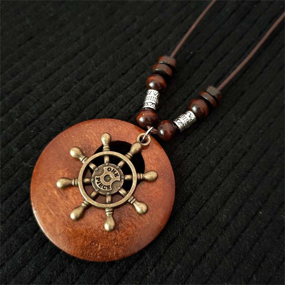 Wood Owl Leaf Pendant Wax Rope Necklace Jewelry