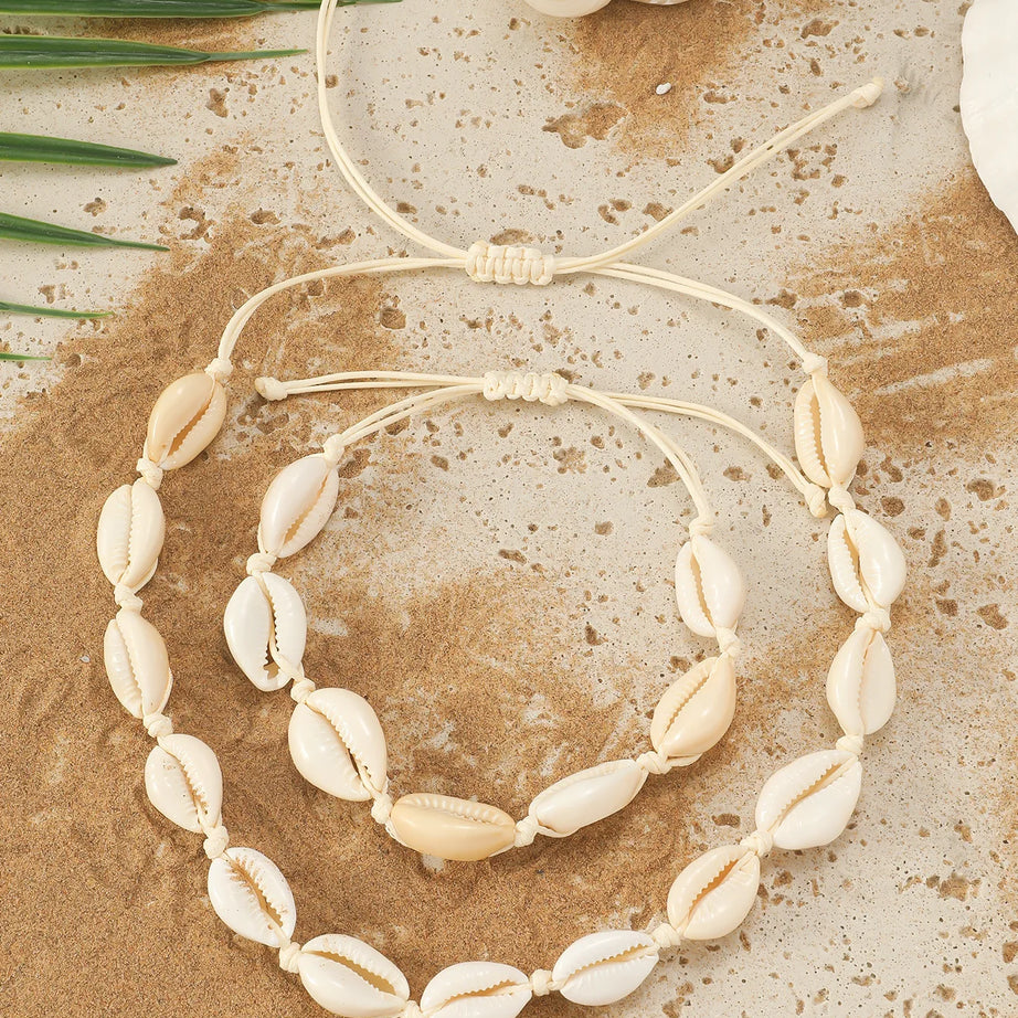 Handmade Braided Shell Necklace and Bracelet Boho Set