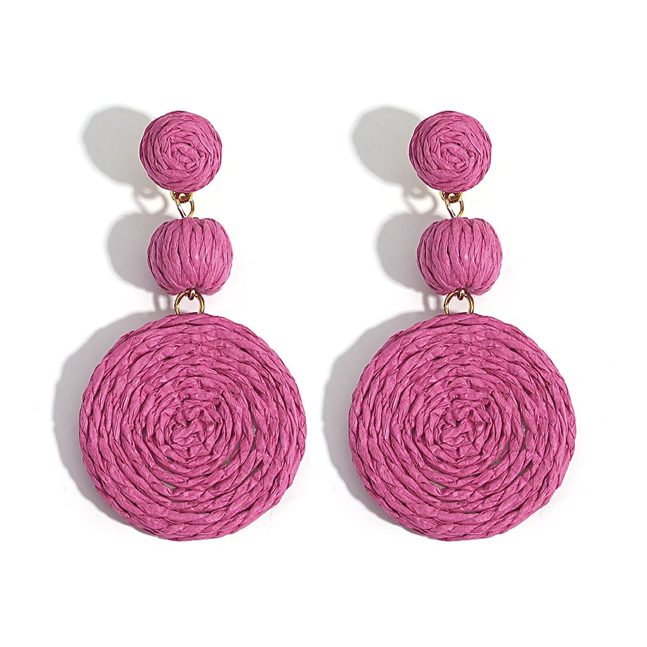 Yellow Raffia Knit Round Drop Earrings Jewelry