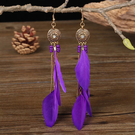 Feather Crystal Flower Bead Long Earrings Jewelry