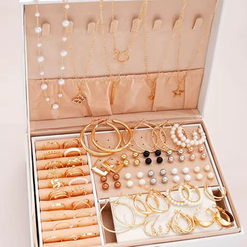 Gold Color Jewelry Set For Women Pearl Earrings Necklaces Rings Bracelets Fashion Stackable Boho Jewelry For Party Daily（No Box）