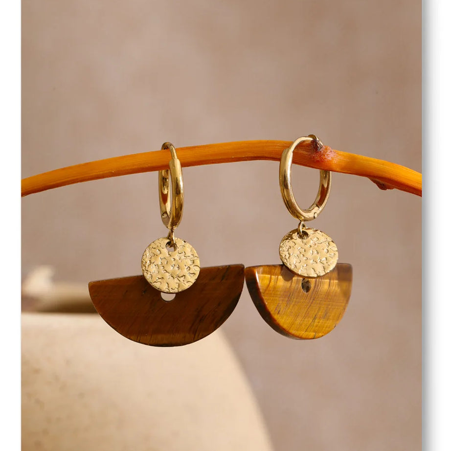 Natural Stone Fan Drop Hoop Earrings, Tiger Eye Agate French Stainless Steel Jewelry