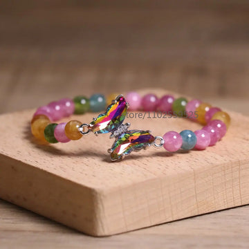 Natural  Rainbow tourmaline Agate Beaded Bracelet Adjustable Butterfly Charm Bracelet Women Boho Chic Stackable Jewelry Gift