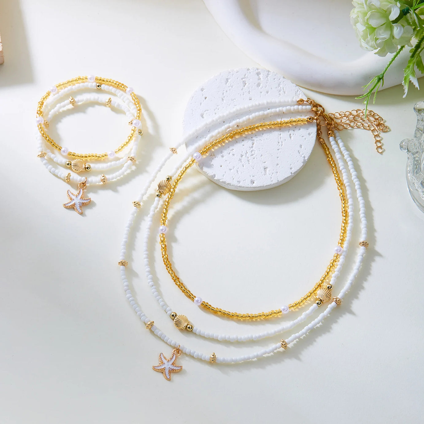 Ocean Layered Starfish and Shell Beaded Necklace Set