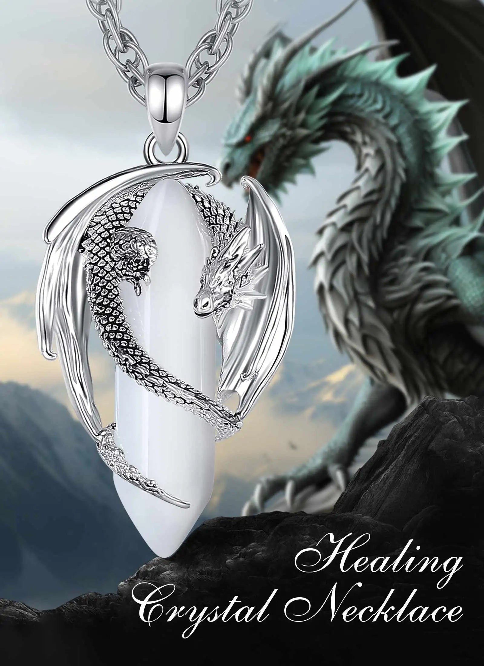 Eudora Dragon Twining Hexagonal Natural Obsidian Prismatic Necklace Punk Turquoise Amethyst Jade Pendant Malachite Jewelry Gift
