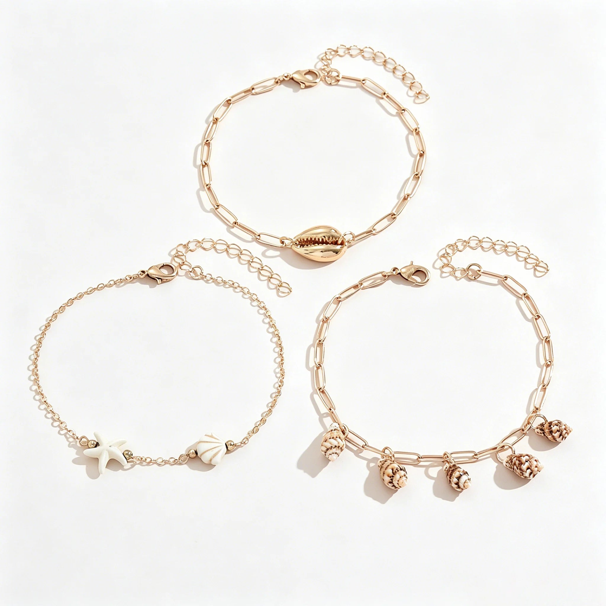 3PCS Layered Stackable Gold Anklet Set Cowrie Shell Conch Starfish Charms Dainty Boho Summer Beach Jewelry