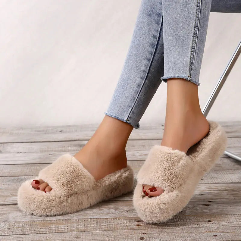 Winter Fur Women slippers 2023  Plush fluffy Home Slippers Women Cozy Soft Warm Furry Indoor House Shoes Platform Flip Flops 42 - Charlie Dolly