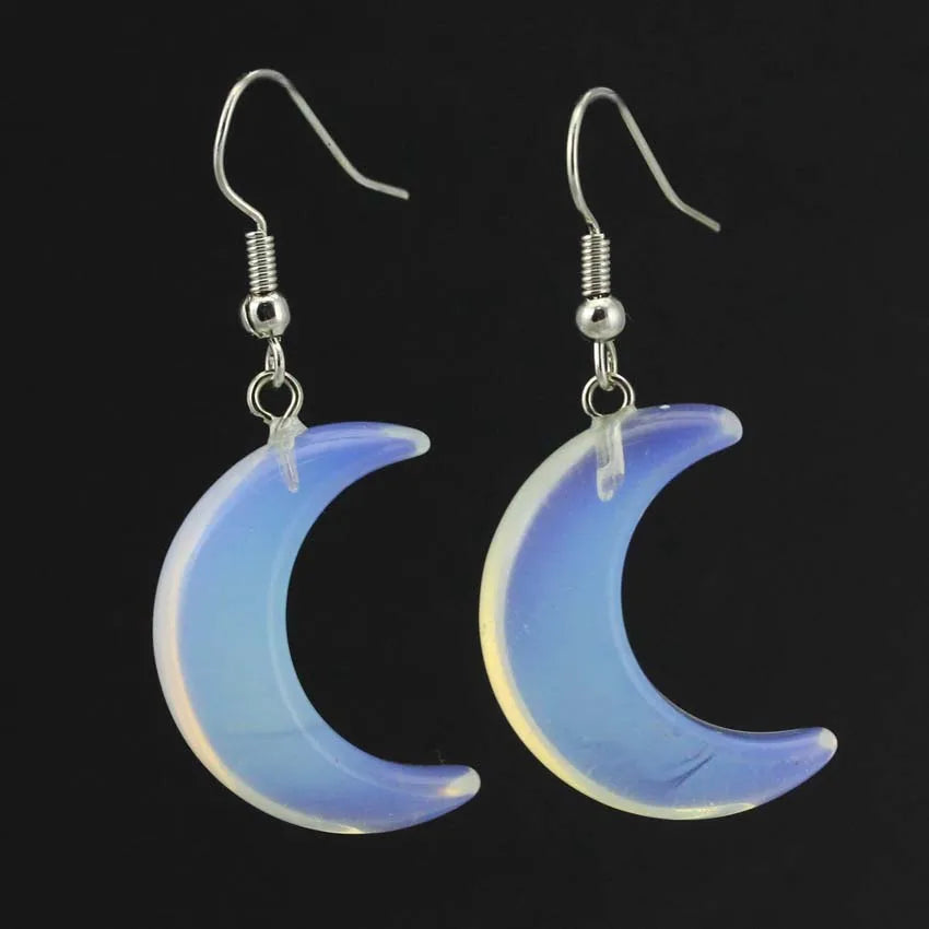Crescent Moon Crystal Stone Earrings Natural Amethyst Rose Quartz Lapis Lazuli Black Agate Tiger Eye Stone Dangle Hook Earring