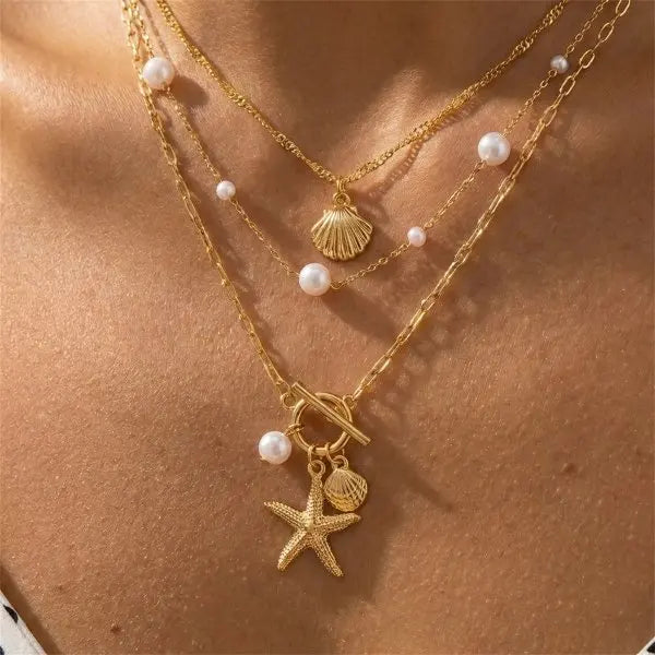 Boho Shell Starfish Seahorse Polymer Clay Necklace Set 3Pcs Summer Beach Choker For Women Vacation Jewelry