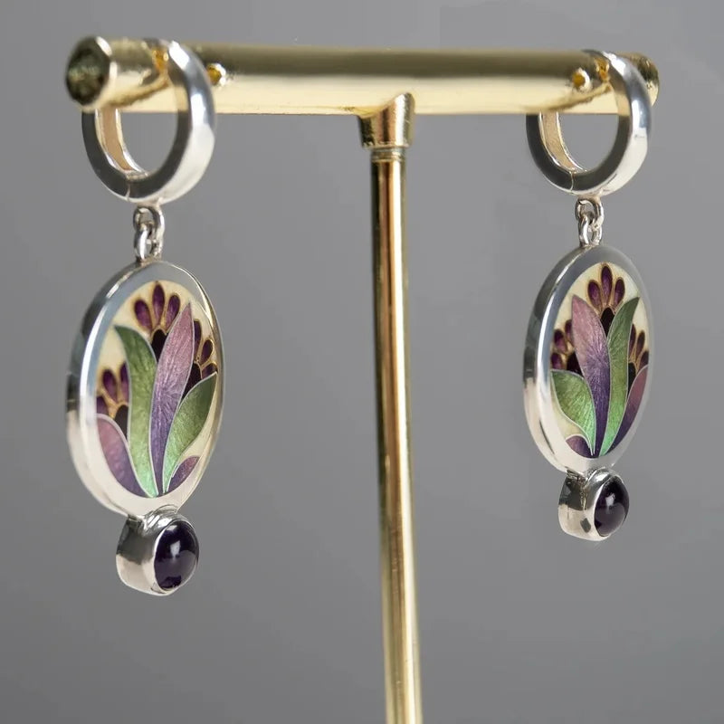 Ethnic Round Lapis lazuli Earrings Antique Jewelry Metal Silver Color Carving Water Drop Blue Gem Pendant Women's Earrings