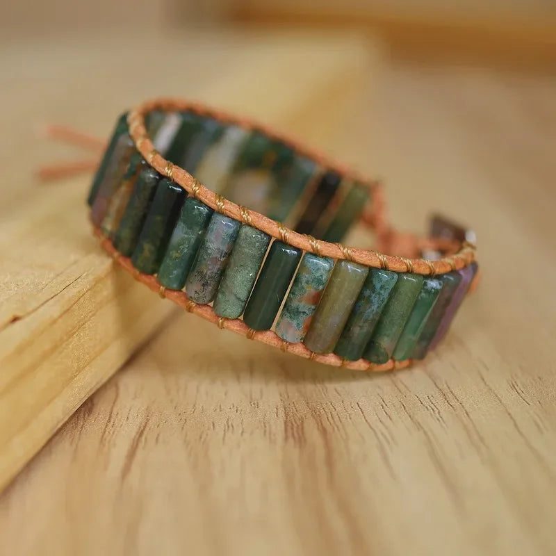 Women Men Boho Leather Wrap Bracelet & Bangle Natural Amazonite Stone Beaded Bohemia Charm Bracelet Handmade Jewelry Gift